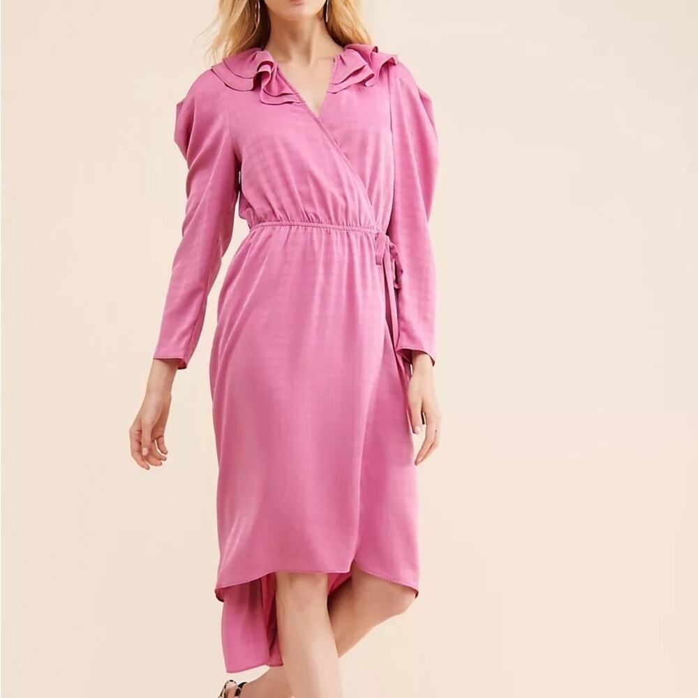 Anthro Current Air Puff Sleeve‎ Wrap Dress Romantic Cottagecore Midi Sz M